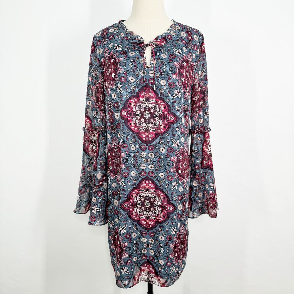 WHBM Bell Sleeve Medallion Shift Dress Blue Long Sleeve Boho Work Church Size XL